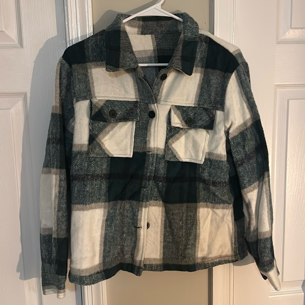 Oversized, Green and cream, “shacket”, size medium